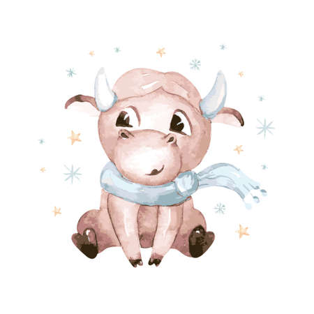 Watercolor cartoon bull illustration. Symbol of the year 2021. Funny and cute Bull. Christmas illustration.のイラスト素材