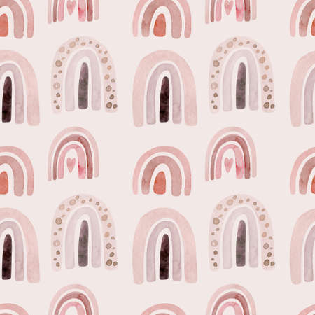 Watercolor kids raindow seamless pattern . scandinavian hand painted boho rainbows background. Nursery art fabric illustration in trendy scandinavian style. Contemporary art, baby boy and girl rainbow graphics.の写真素材