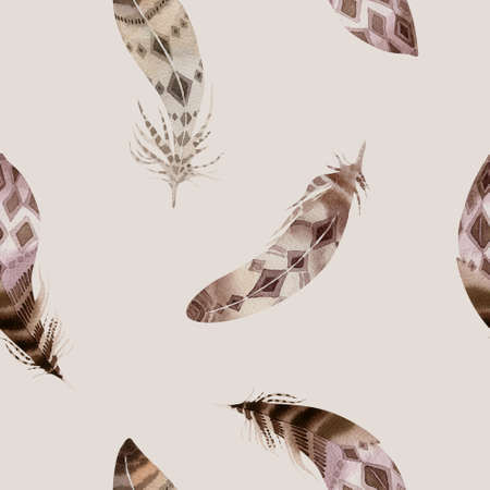 Hand drawn watercolor paintings vibrant feather seamless pattern . Boho style wings. illustration isolated on white. Bird fly design for T-shirt, invitation, wedding card. Rustic Bright colors.の写真素材