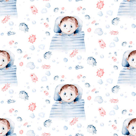 Cute cartoon animal doctor seamless pattern. Background pills, ambulance, mask, bacteria, viruses. Watercolor hand drawn boy and girl doctor setの写真素材