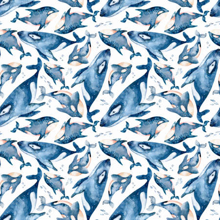 Watercolor whales seamless pattern . Hand drawn cute illustration with whales. Perfect for wrapping paper, wallpapers,prints and textile.の写真素材