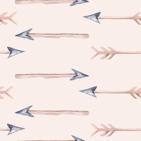 Seamless pattern of colored feathers and romantic arrows painted with watercolors on a white backgroundの写真素材