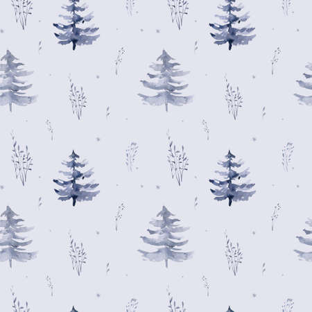 Watercolor winter pattern deer with fawn, owl rabbits, bear birds on white background. Wild forest fox and squirrel animals set. Hand painted winter illustrationの写真素材