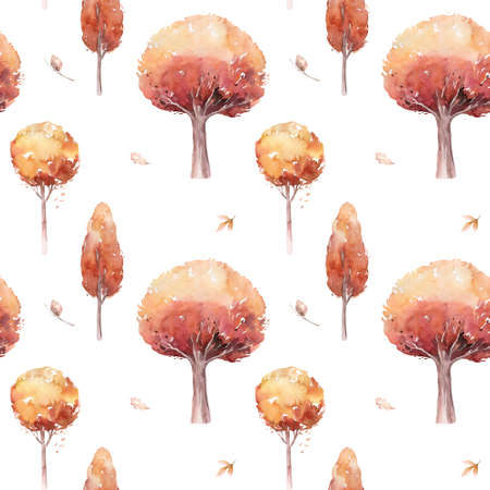Pattern of watercolor autumn leaves: oak, maple, birch, rowan, ash. golden fall trees landscape. yellow leaf backgroundの写真素材