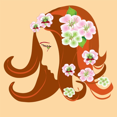 Girl stylized profile with spring apple flowers のイラスト素材