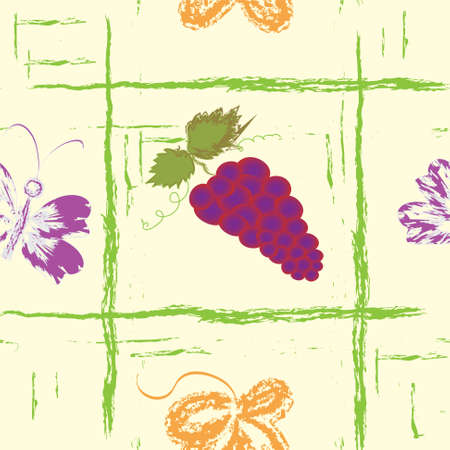 Seamless grunge pattern with bunch of grapes, butterfly and leafのイラスト素材