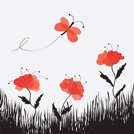 Cartoon landscape with poppies , butterfly and grassのイラスト素材