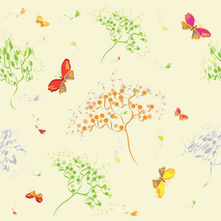 Seamless pattern with abstract dill, butterflies and birdsのイラスト素材