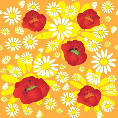 Seamless pattern with chamomile and poppiesのイラスト素材