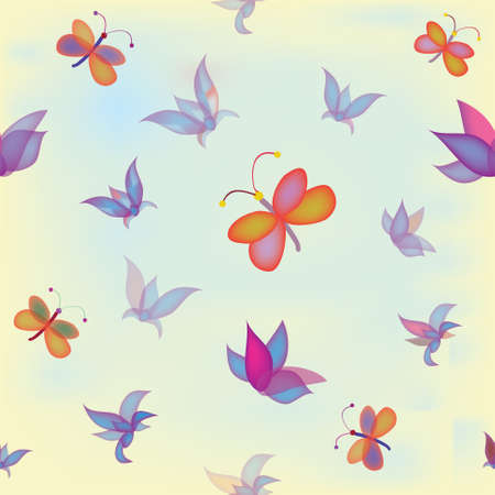 Seamless pattern with abstract colorful flowers and butterfliesのイラスト素材