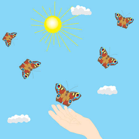 Butterfly in the sky and handのイラスト素材