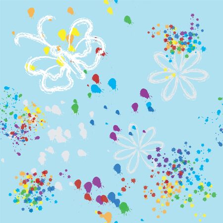 Seamless blue background with butterfly and rainbow splashのイラスト素材