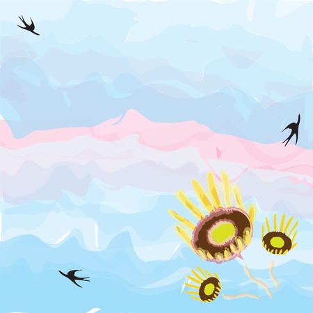 Abstract watercolour background wiith grunge flowers and swallowsのイラスト素材