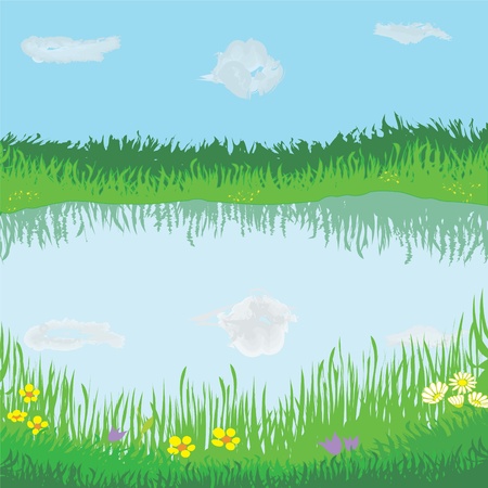 Landscape with lake, meadow, flowers, sky and cloudsのイラスト素材