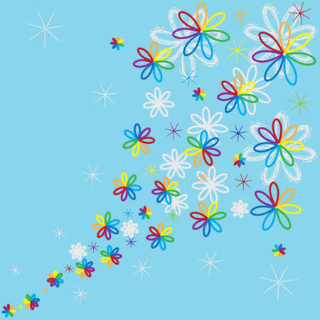 Seamless pattern with abstract rainbow flowers and starsのイラスト素材