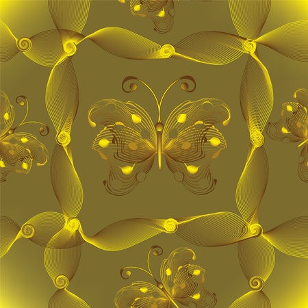 Seamless pattern with golden butterflies ,stripes and swirlのイラスト素材