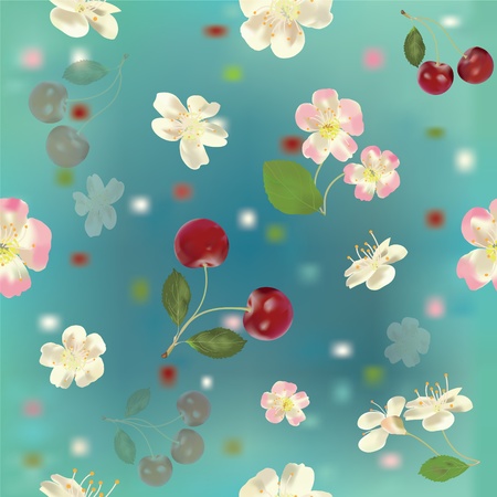Seamless floral pattern with cherry berries and flowersのイラスト素材