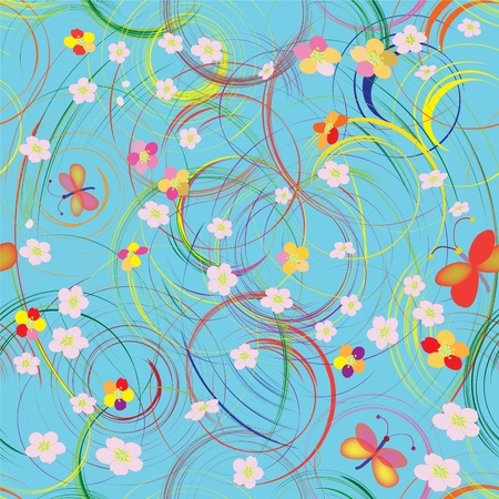 Seamless grunge pattern with rainbow circles, flowers and butterfliesのイラスト素材