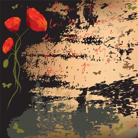 Grunge background with abstract poppies,butterflies and splatterのイラスト素材