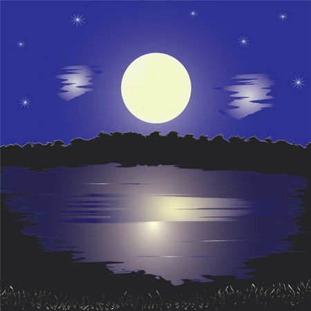 Night landscape with lake, full moon,stars, reflection on water and forestのイラスト素材