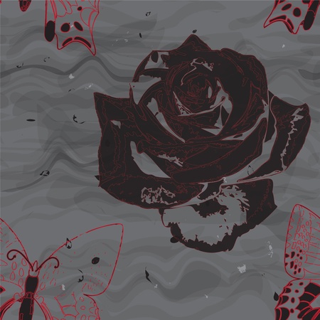 Seamless composition with grunge rose and butterfly on wavy grey backgroundのイラスト素材