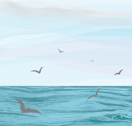 Seascape with ripple water surface,cloudy sky,flying seagullsのイラスト素材