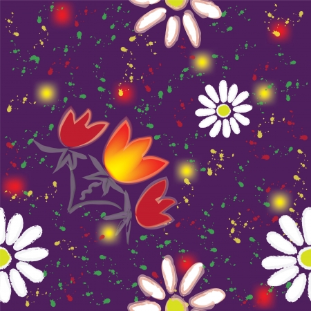 Grunge seamless pattern with abstract flowers and colorful splash on violet backgroundのイラスト素材