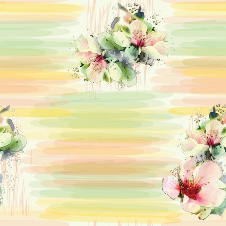 Seamless pattern with spring flowers on grunge striped colorful background in pastel colorsのイラスト素材