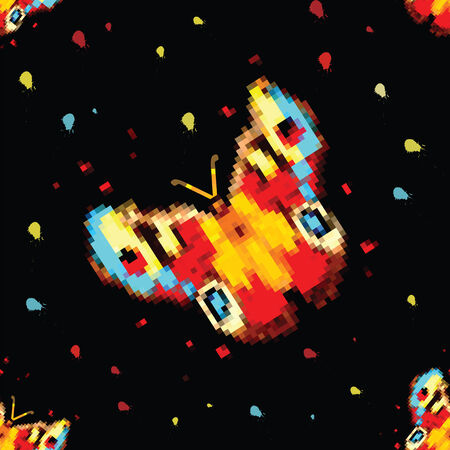 Seamless pattern with rainbow abstract butterfly on black background witn colorful splashのイラスト素材