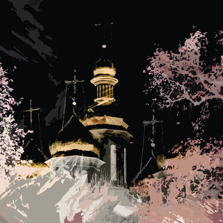 Night landscape with silhouette of orthodoxy church  and trees on dark skyのイラスト素材