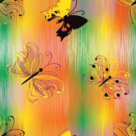 Abstract colorful butterflies on grunge striped background in seamless compositionのイラスト素材