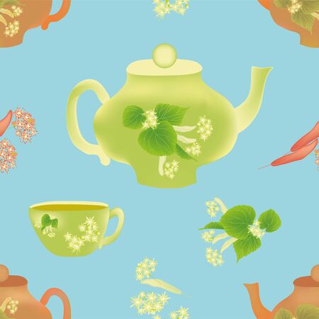 Seamless composition with inflorescence of linden ,teapot and cup on blue backgroundのイラスト素材