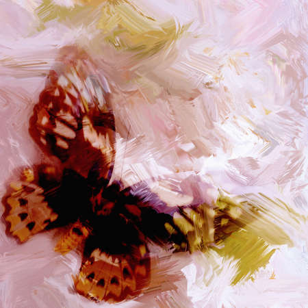 Abstract composition with grunge stained blurred butterfly on bright striped backgroundの写真素材