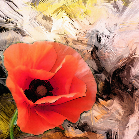 Floral background with stylized poppy on grunge striped colorful backdropの写真素材