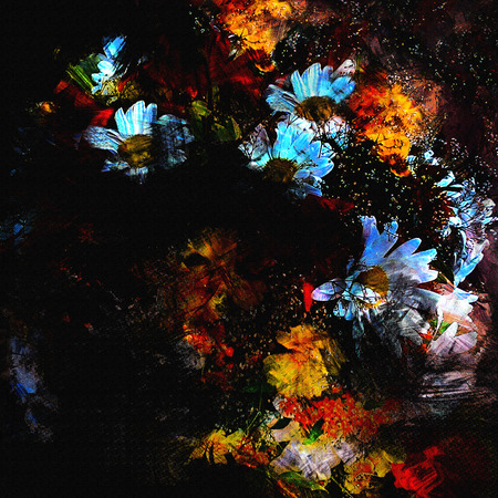 Stylized bouquet with chamomiles on grunge stained and striped black backgroundの写真素材