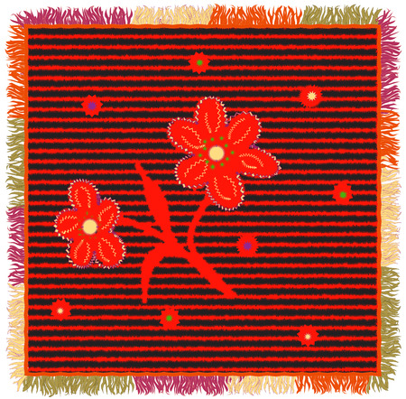 Colorful weave carpet with zigzag horizontal stripes,floral applique and fringeのイラスト素材