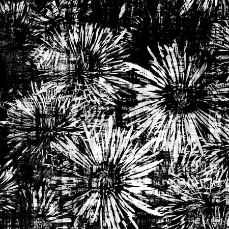 Black and white floral background with stylized asters on grunge striped and stained backdropの写真素材