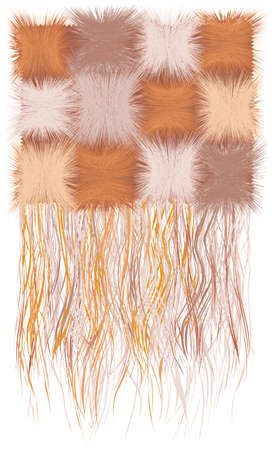 Checkered fluffy tapestry with grunge striped  square elements and vertical wavy fringe in brown,...