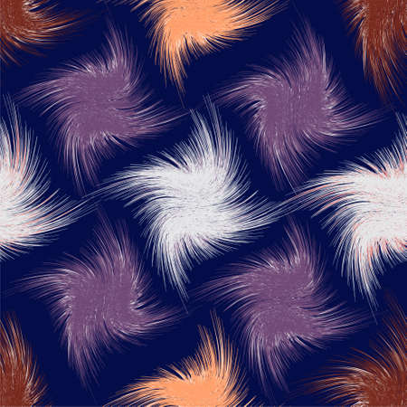 Seamless pattern with rows of  grunge striped twisted elements in violet, white, brown, orange colors on blue background for web designのイラスト素材