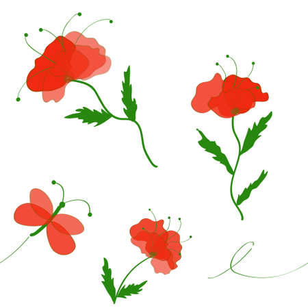 Seamless pattern with abstract red poppies and butterfly for web designのイラスト素材