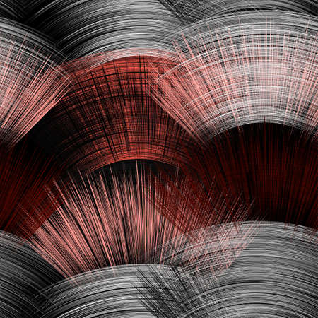 Seamless pattern with rows of grunge striped rough semicircle, fantail intersecting elements in red,...