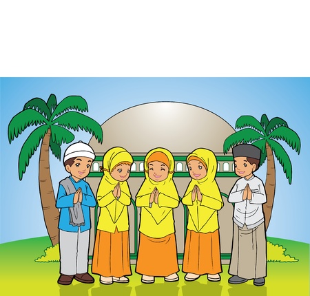 Indonesian Kids muslim eid mubarak celebration dayのイラスト素材
