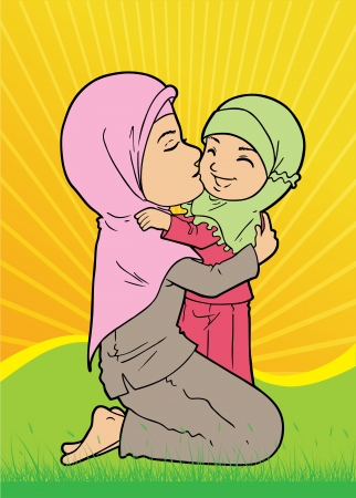 Muslim woman holding and kissing daughterのイラスト素材