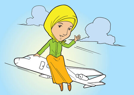 Muslim asian woman flying on planeのイラスト素材