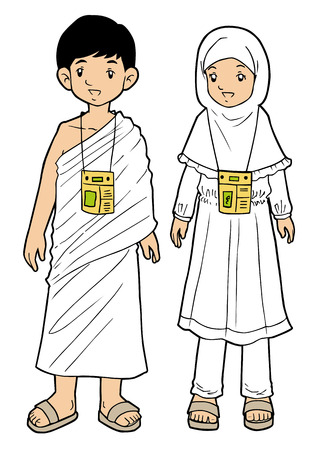 Muslim pilgrim boy and girl on white backgroundのイラスト素材