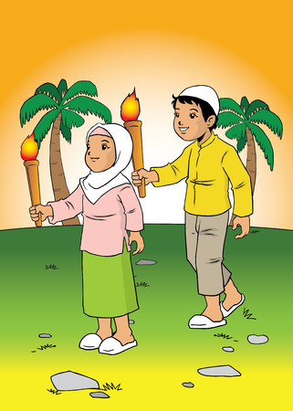 Indonesian kids walking along in the village with torchのイラスト素材
