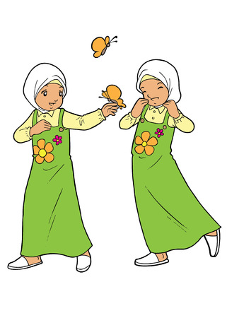 Twin muslim girls playing with butterfliesのイラスト素材