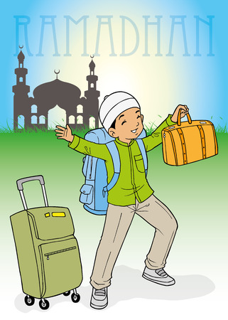 indonesian muslim kid homecoming for Ramadhanのイラスト素材