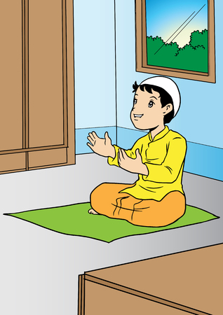 An illustration of muslim boy praying in his bedroomのイラスト素材