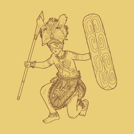 Line art illustration of traditional Papua Indonesian danceのイラスト素材